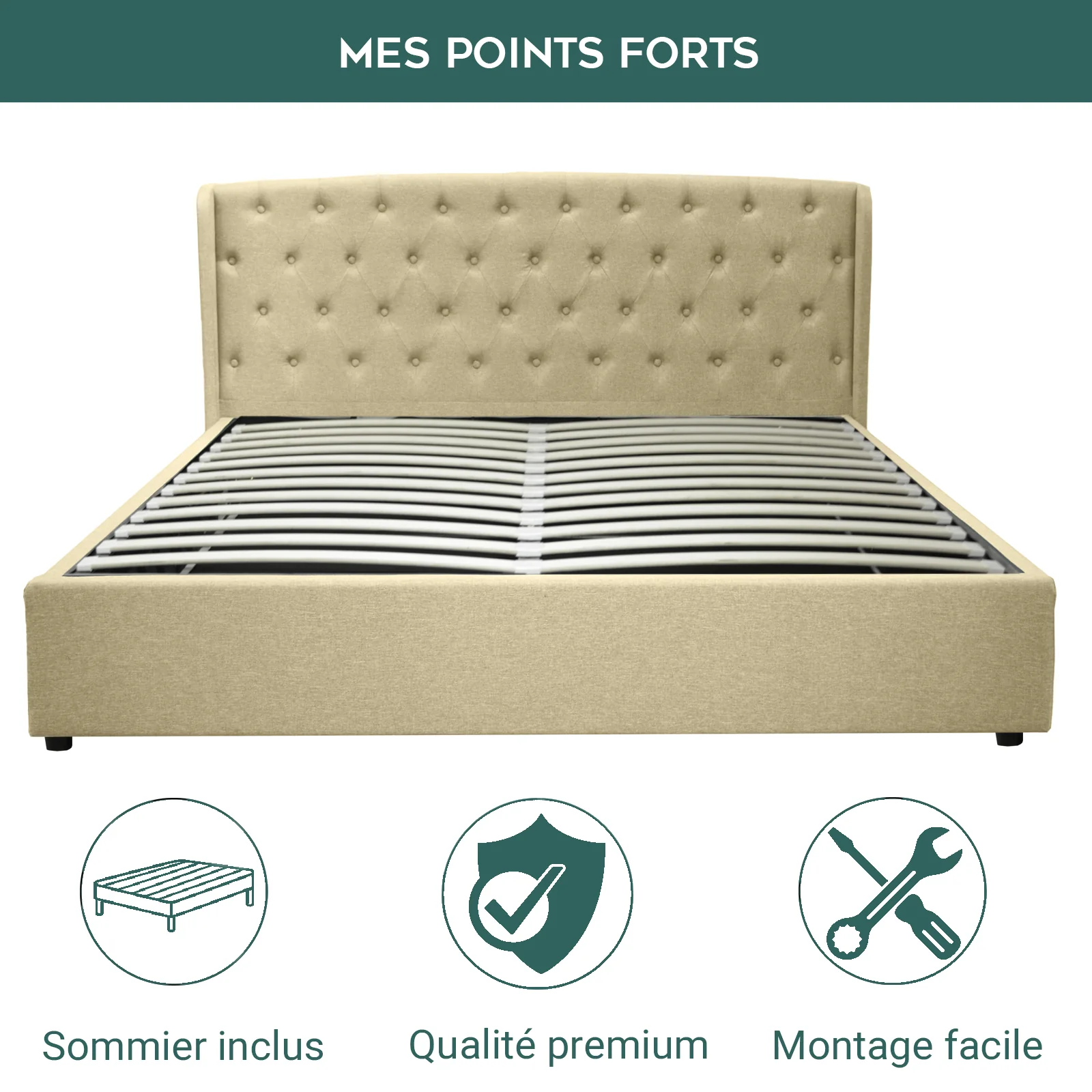 Lit coffre sommier relevable Monceau capitonné chic : tissu et sommier à lattes en bois flexibles - Image 12